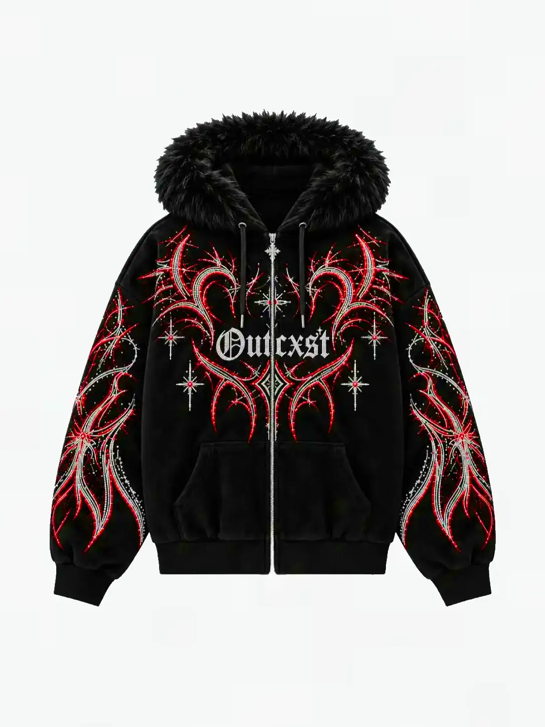 THORN RHINESTONE FUR ZIP HOODIE — Front view