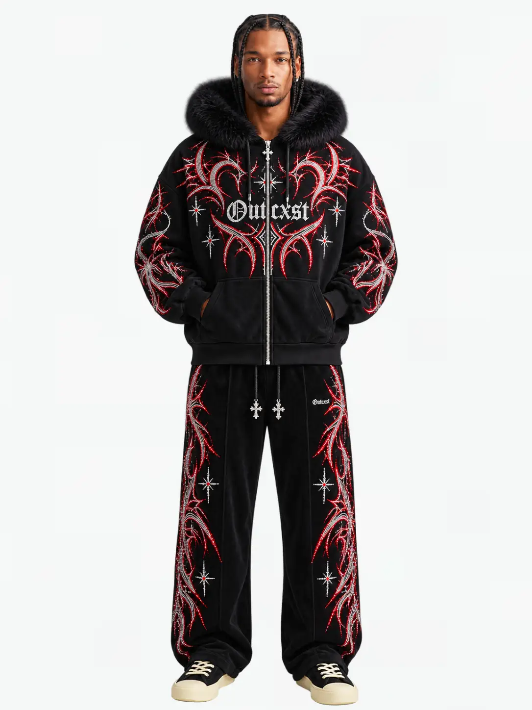 THORN RHINESTONE FUR ZIP HOODIE — Model front view