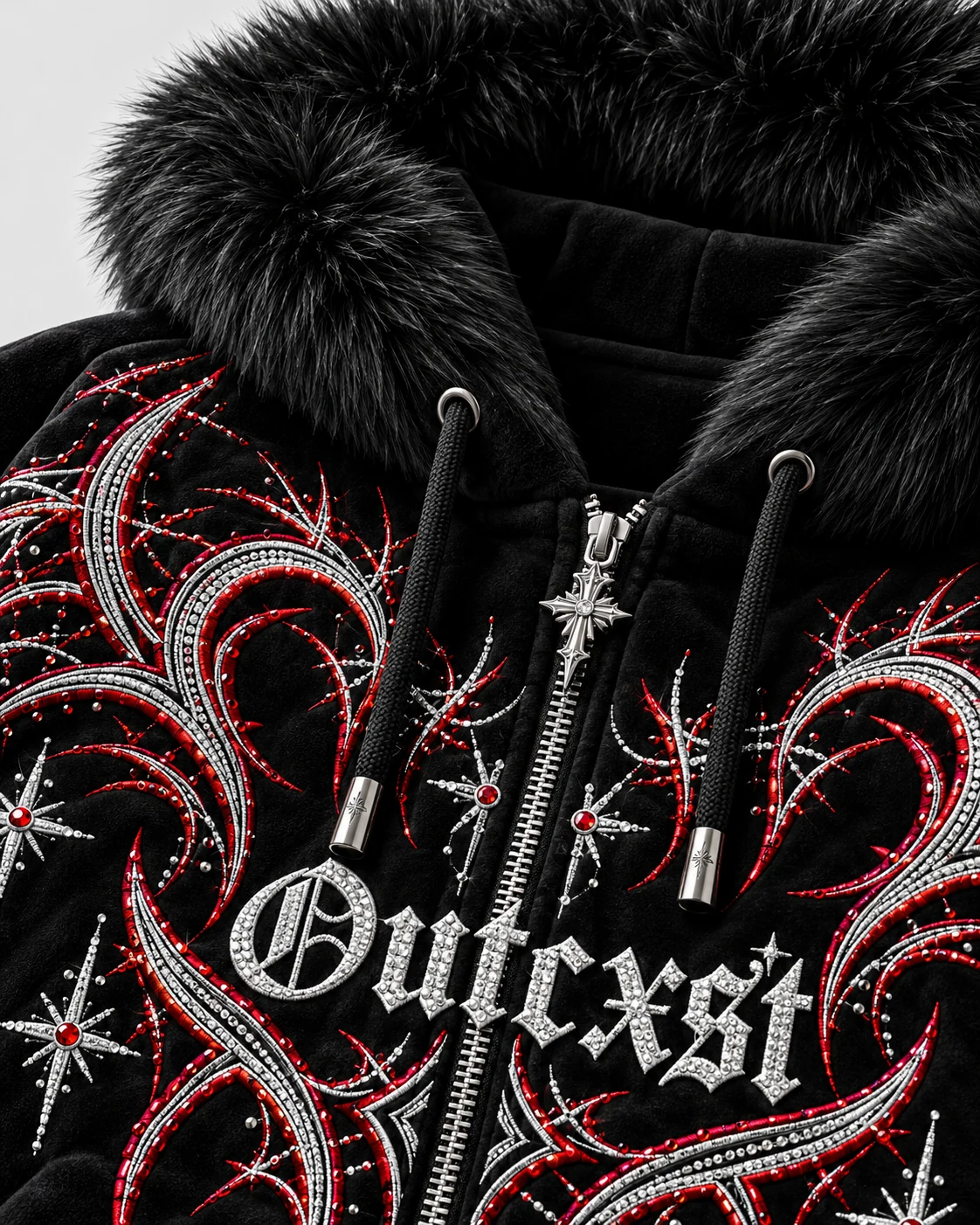 THORN RHINESTONE FUR ZIP HOODIE — Detail close-up